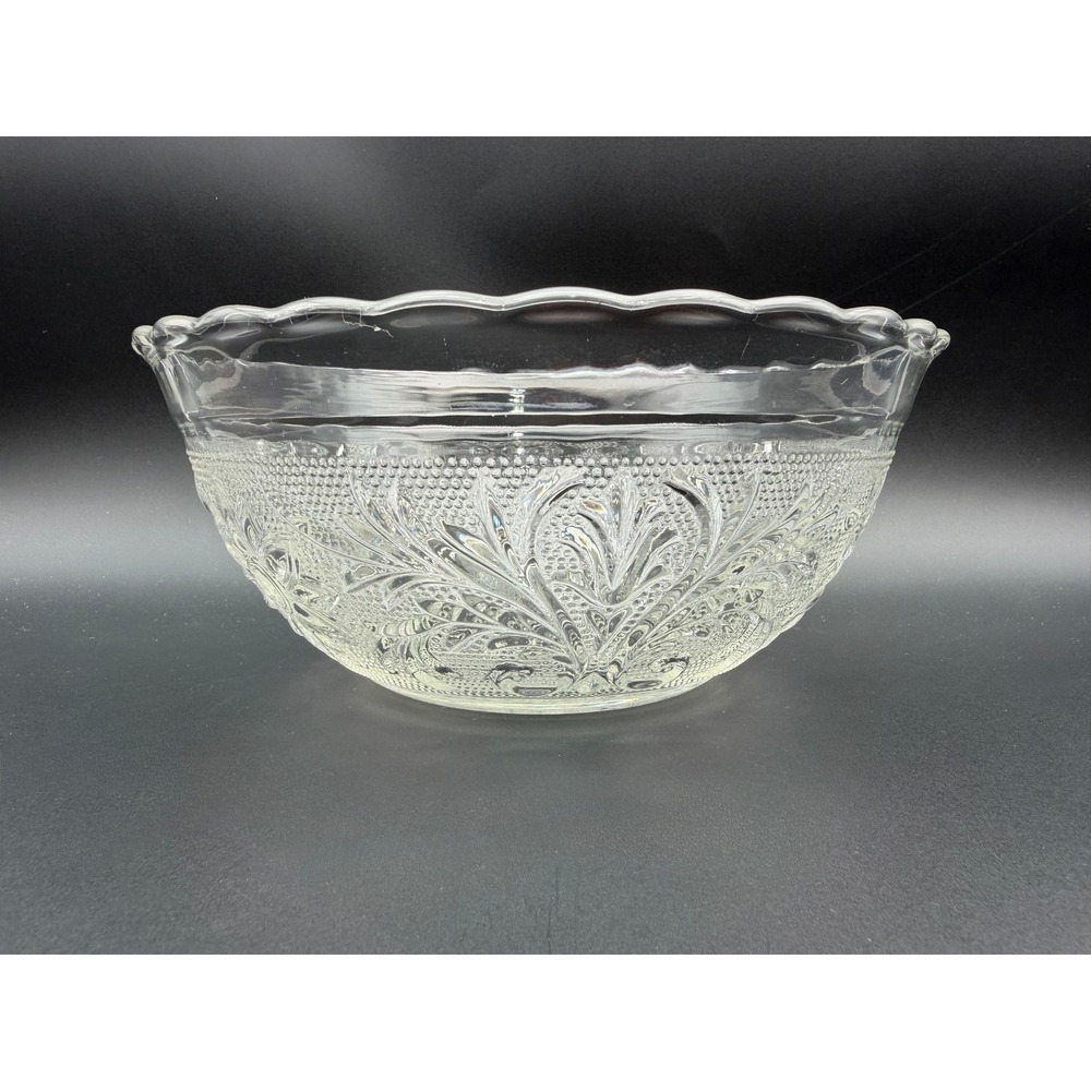 Vintage Clear Pressed Glass Floral Scalloped Serving Bowl Scroll Pattern F448